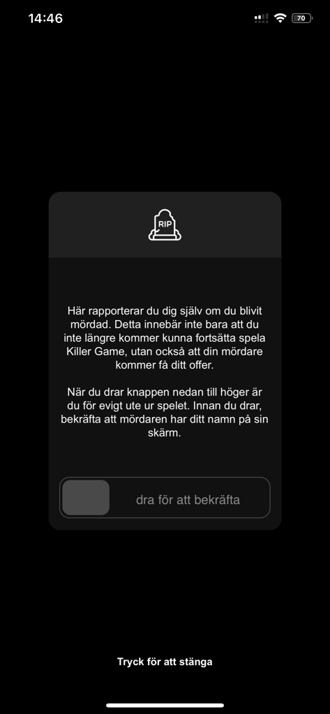 Un écran mobile de l'application Killer Game montrant une fenêtre de rapport d'élimination avec une icône de pierre tombale et un bouton coulissant pour confirmer.