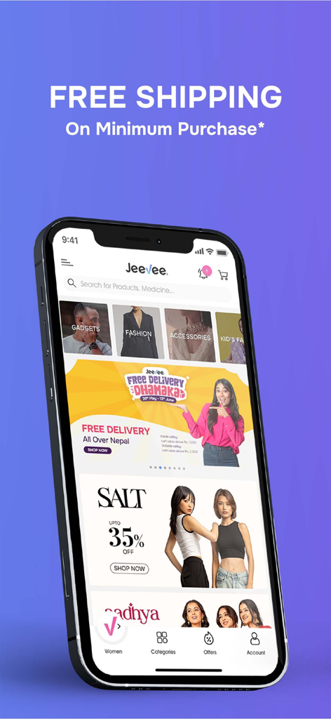 Interfaz de la aplicación móvil Jeevee que muestra categorías de productos y un banner de envío gratuito.