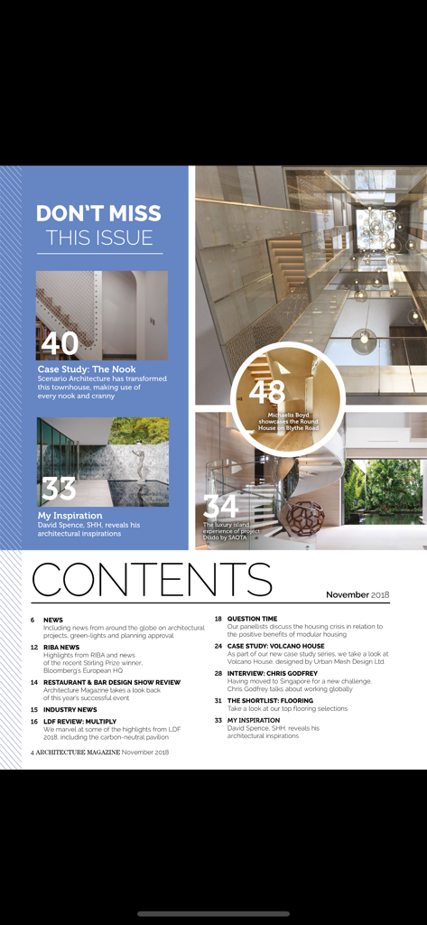 Architecture Magazine - A table of contents page from Architecture Magazine showcasing architectural case studies and industry news.