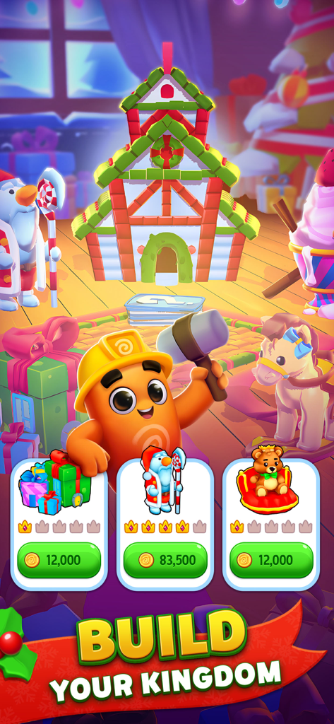 A screenshot of Dice Dreams showing a character in a hard hat building a holiday themed kingdom with coin purchase options.