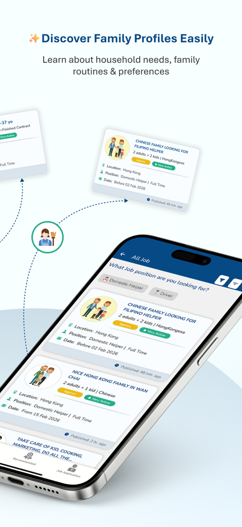 HelperPlace mobile app screen displaying family profiles and job listings for domestic workers
