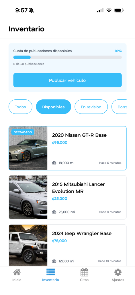 Autory - 販売中の日産GT-Rやジープラングラーなどの利用可能な車のリストを表示するAutoryアプリの在庫ダッシュボード。