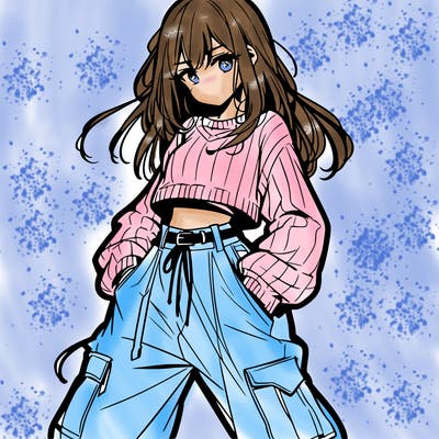 anime teen girl with baggy pants and crop top with sweater