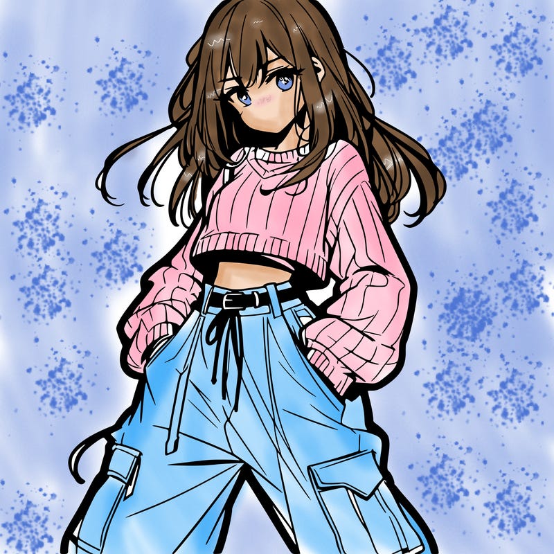 anime teen girl with baggy pants and crop top with sweater