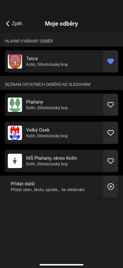 The My Subscriptions screen of the V OBRAZE app displaying a list of followed Czech municipalities and local organizations.