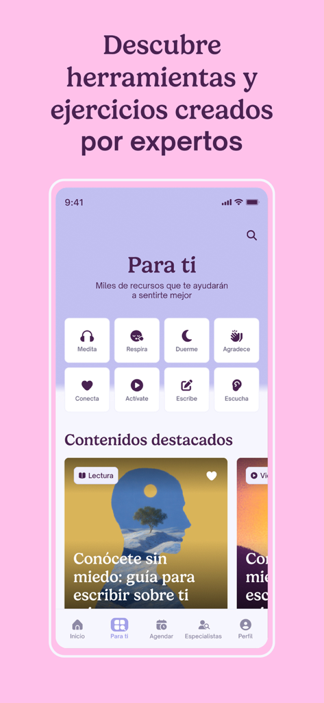 Selia: Bienestar Mental - Seliaアプリのインターフェース。スペイン語での様々なメンタルヘルスとマインドフルネスツールが表示されています。