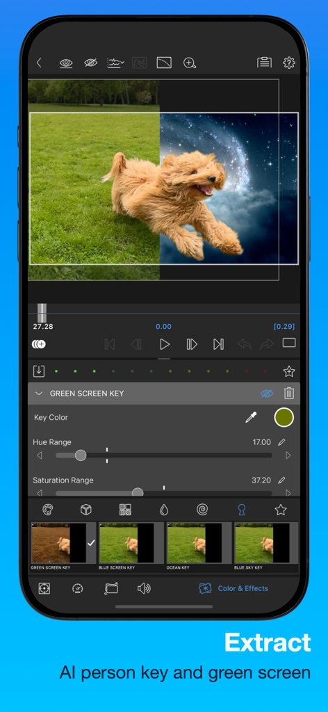 LumaFusion - LumaFusion app interface demonstrating green screen removal and background replacement on a video of a running dog