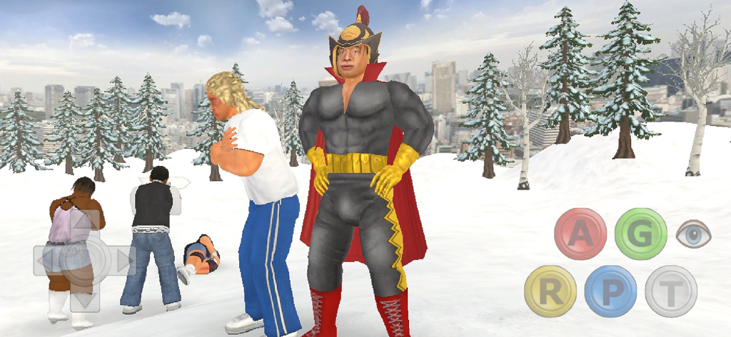 Infinite Lives - Un personaje superhéroe parado en un paisaje nevado con vistas a la ciudad en el juego móvil Infinite Lives.