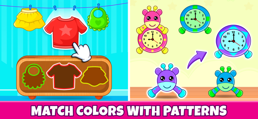 Toddler & Preschool Kids Games - Educational matching game for toddlers showing a color and pattern sorting activity with clothes and character clocks