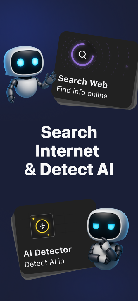 Chat AI·Question, Smart Answer - Chat AI app interface showing web search and AI detector features with a robot mascot