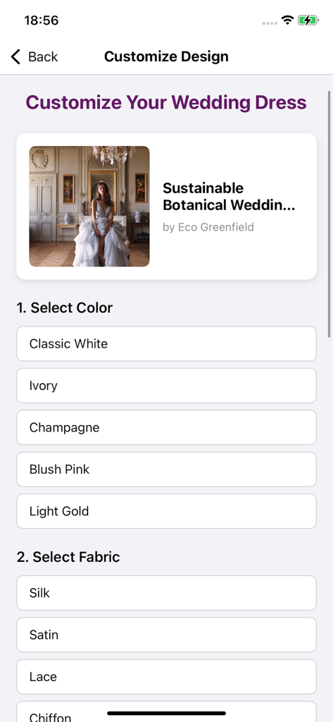 Evaer - Evaer app screen for customizing a wedding dress with color and fabric options