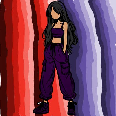 girl in baggy pants crop top and long hair