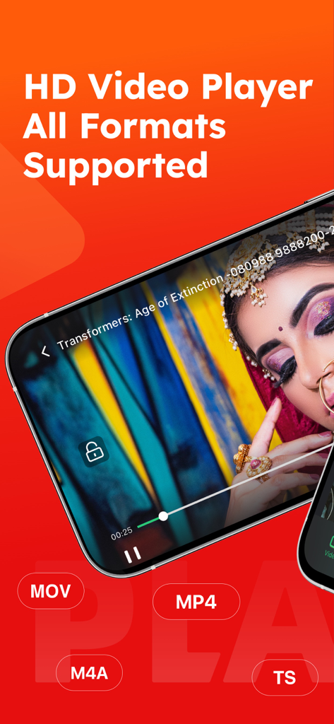 PLAYit-All in One Video Player - PLAYit app interface showing HD video playback with support for multiple file formats like MOV and MP4
