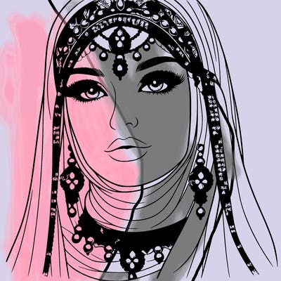 realistic woman with a veil covering her hair and mouth, muslim. the veil contains details with jewels. she has beautiful jewelry.