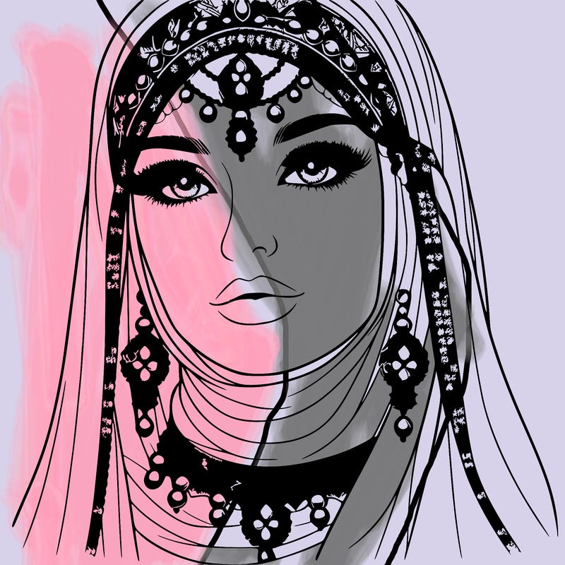 realistic woman with a veil covering her hair and mouth, muslim. the veil contains details with jewels. she has beautiful jewelry.