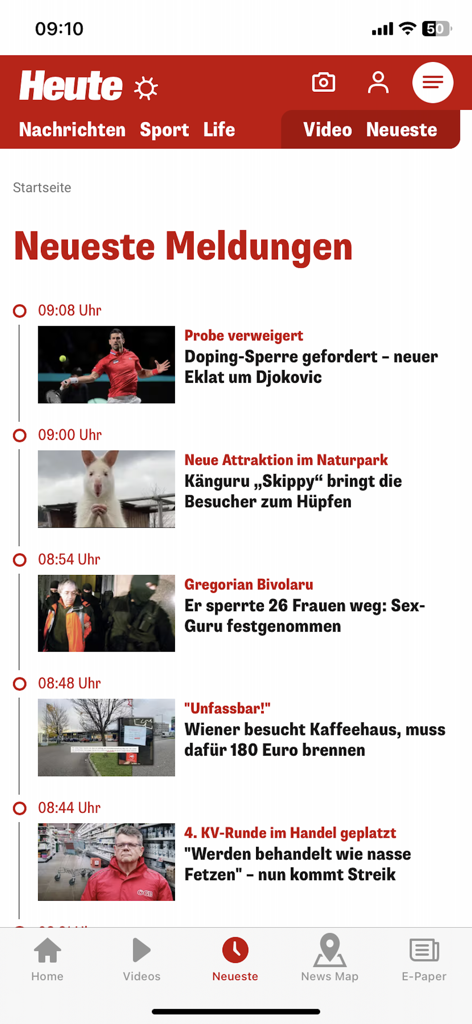 HEUTE – Die Tageszeitung - La aplicación de noticias HEUTE muestra una lista de las últimas actualizaciones de noticias con marcas de tiempo e imágenes en miniatura