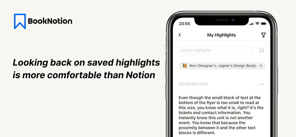 Interface of Book Notion app showing saved book highlights and search feature