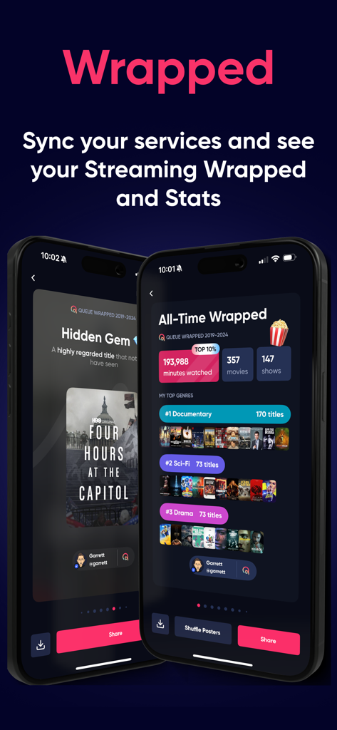 Dos teléfonos inteligentes mostrando la función Streaming Wrapped de la aplicación Cola con historial de visualización personalizado y estadísticas de streaming.