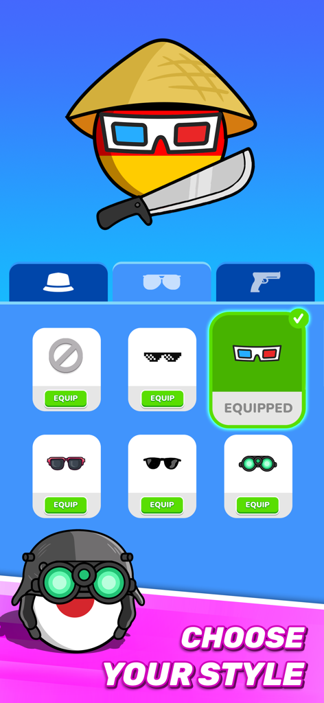 Character customization screen in Country Balls World Battle showing various hats and glasses for the country ball characters