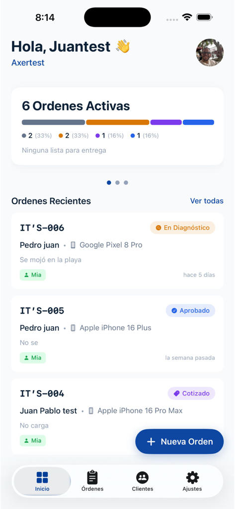 axer - Axer mobile app dashboard showing active repair orders and status tracking
