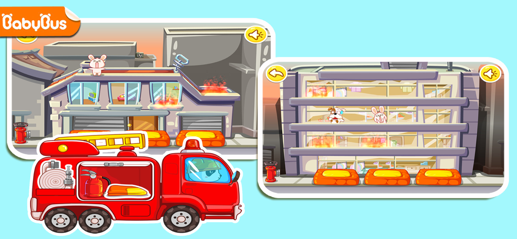 Little Panda Fireman - Gameplay di Little Panda Firefighter che mostra un camion dei pompieri e missioni di salvataggio per salvare animali da edifici in fiamme