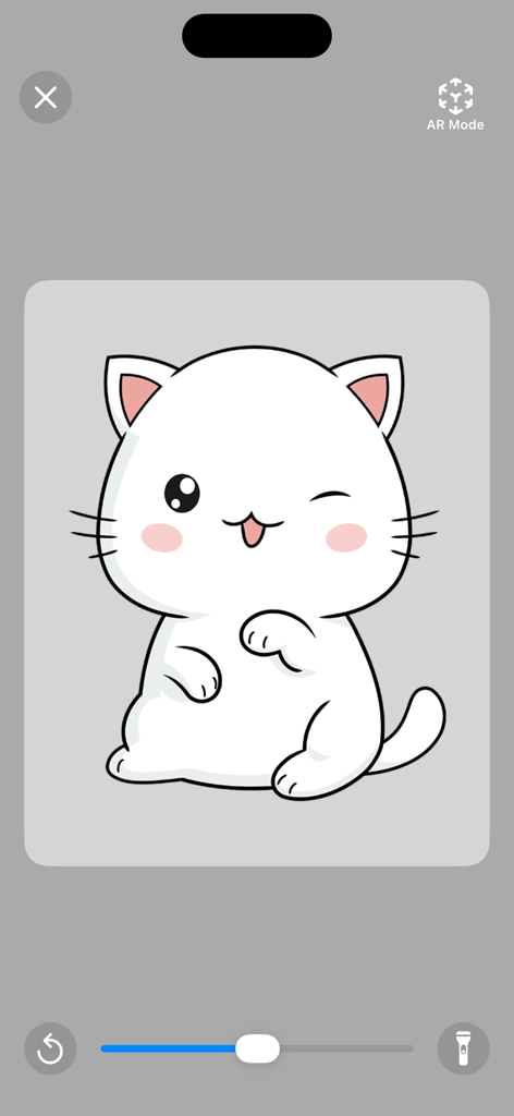 How to Draw Anime Easy - Eine niedliche weiße Anime-Katzenzeichnung als Referenz, die in der App-Oberfläche angezeigt wird, mit AR-Modus-Option und Deckkraftreglern.