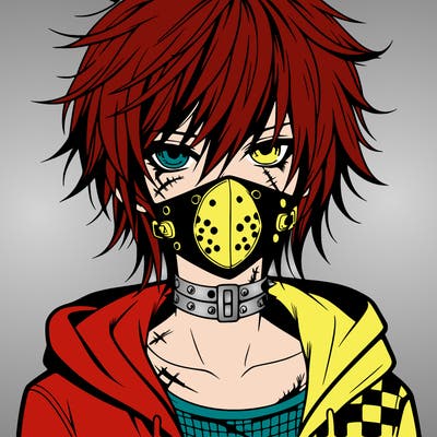 anime boy with scars and emo mask and messy hair with punk shirt
