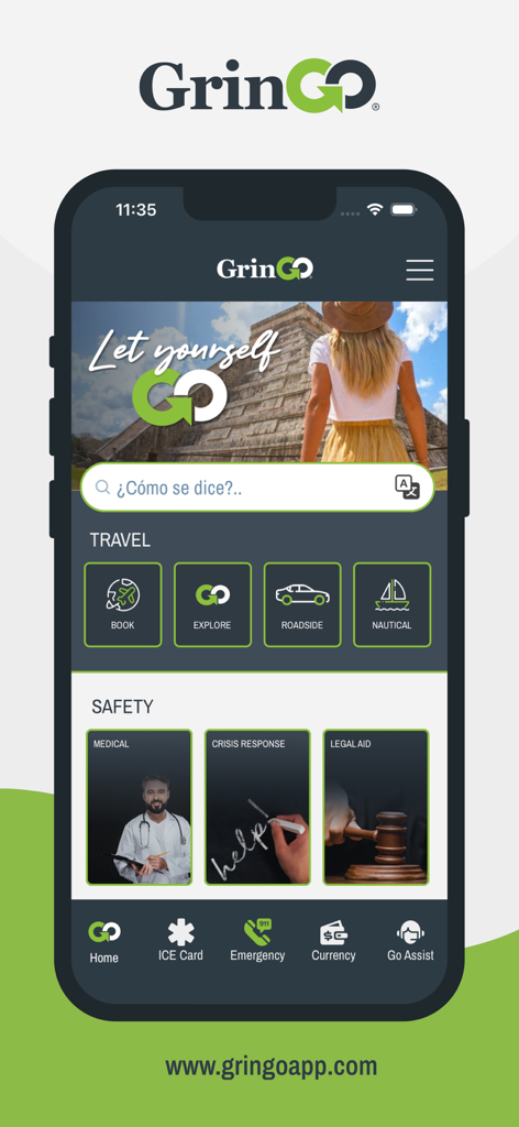 Home screen of the GrinGO app showing travel and safety resources for visitors to Mexico including roadside assistance and medical services