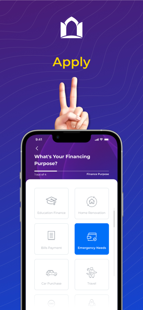 amlak: Personal Finance - Una pantalla de smartphone de la aplicación Amlak que muestra varias opciones de propósito del préstamo, incluyendo educación, reforma del hogar y necesidades de emergencia.