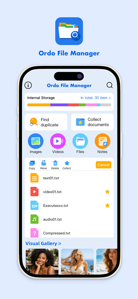 Ordo File Manager - Ordo File Manager app interface on an iPhone showing file categories and storage management tools