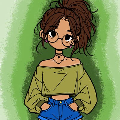 girl with a messy ponytail glasses a baggy crop top and jean shorts