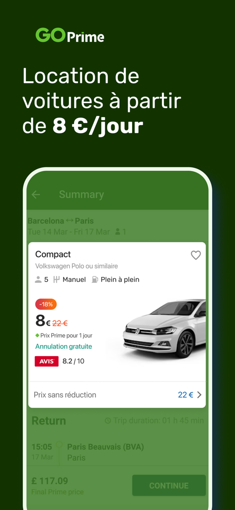 Go Voyages: Vols Pas Chers - L'interface de l'application Go Voyages affiche une offre de location de voiture à partir de 8 euros par jour pour une voiture compacte.