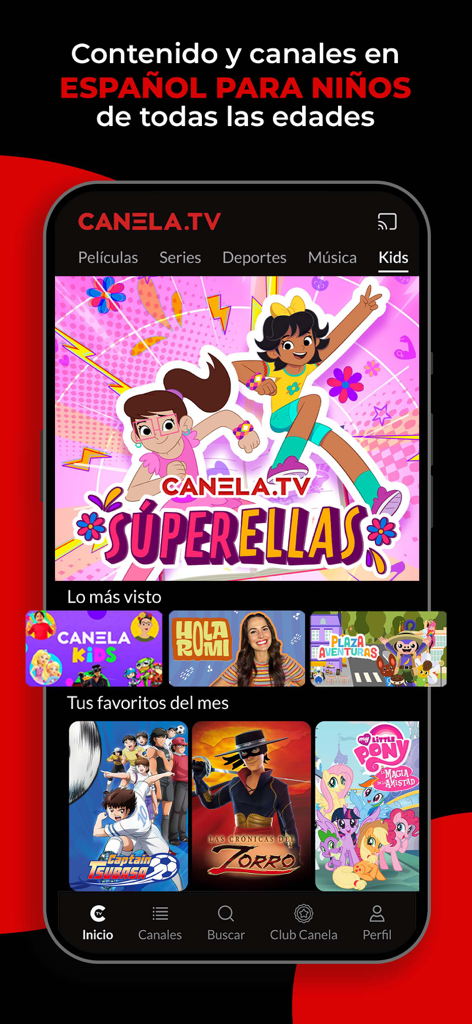 Canela.TV - Series y Películas - Canela TV app interface showing Spanish language children's shows like SuperEllas and My Little Pony.
