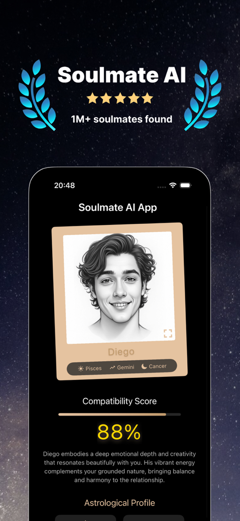 Soulmate Sketch app interface displaying an AI generated portrait of a potential partner and a compatibility score