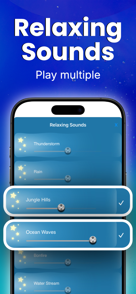 Interface de l'application Dream Talk Recorder montrant le menu des sons relaxants avec des options comme l'orage, la pluie, la jungle, les collines et les vagues de l'océan