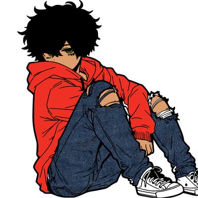 a male hoddie ripped jeans messy hair anime
