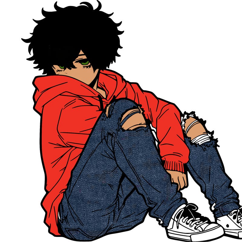 a male hoddie ripped jeans messy hair anime