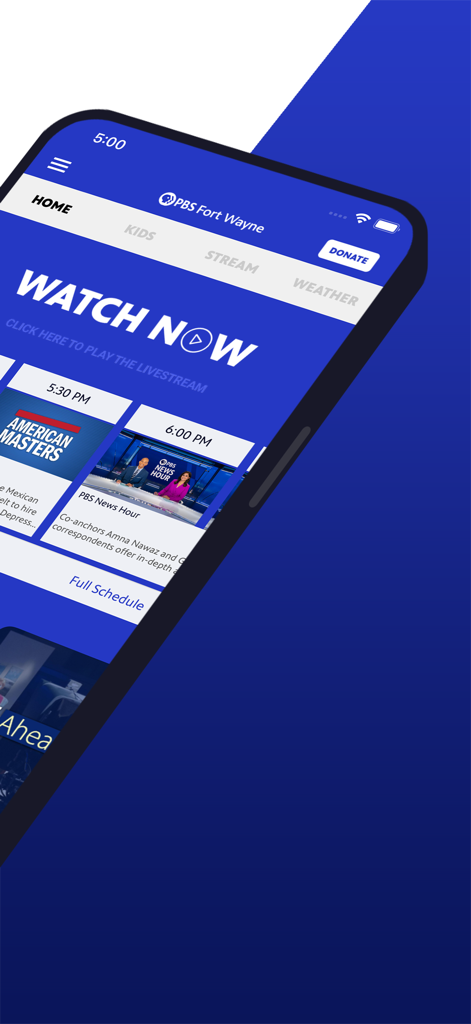 PBS Fort Wayne mobile app interface showing the live broadcast schedule and watch now button