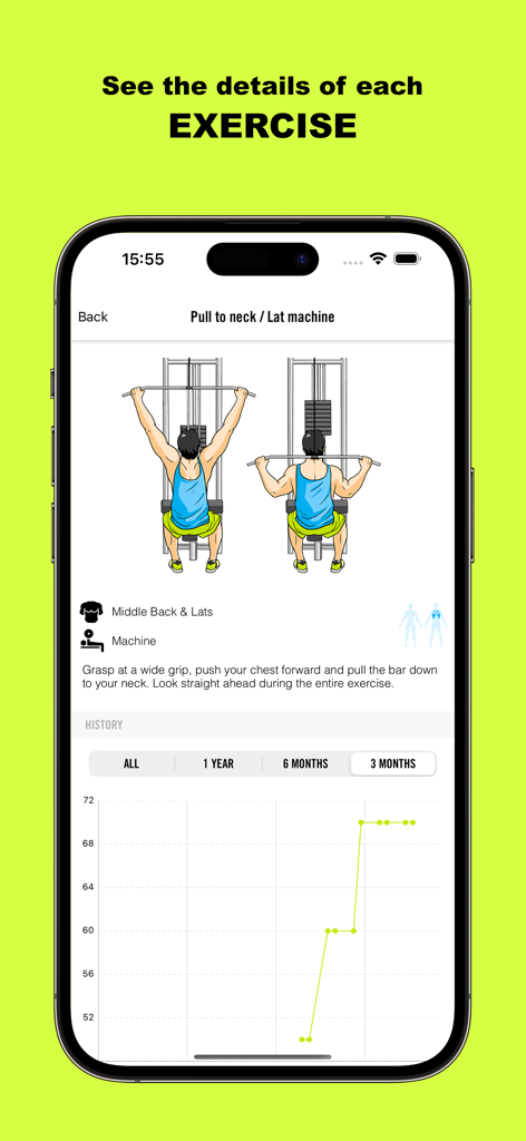 Workout Planner - Gym Life - Exercise detail screen in Gym Life app showing lat pull down instructions and weight progress chart