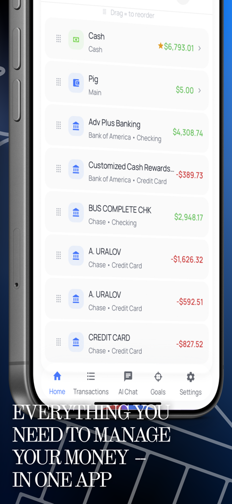 Alveon: Expense & Income Track - Alveon dashboard interface showing a consolidated list of bank and credit card accounts for financial tracking