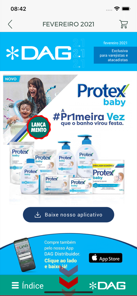 Interfaz de la aplicación móvil Dag Distribuidor que muestra promociones mayoristas de productos de higiene para bebés Protex.