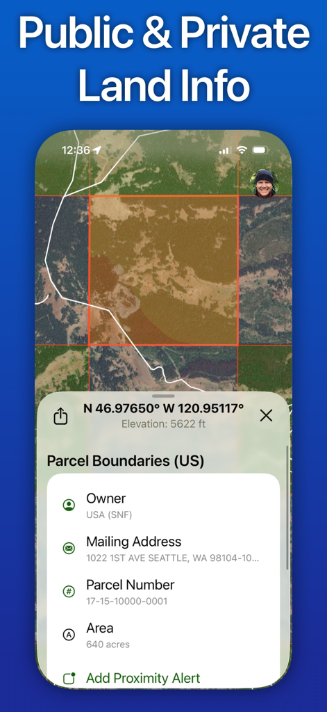 Topo Maps+ - Topo Maps+ app interface showing US parcel boundaries and land ownership information on a satellite map