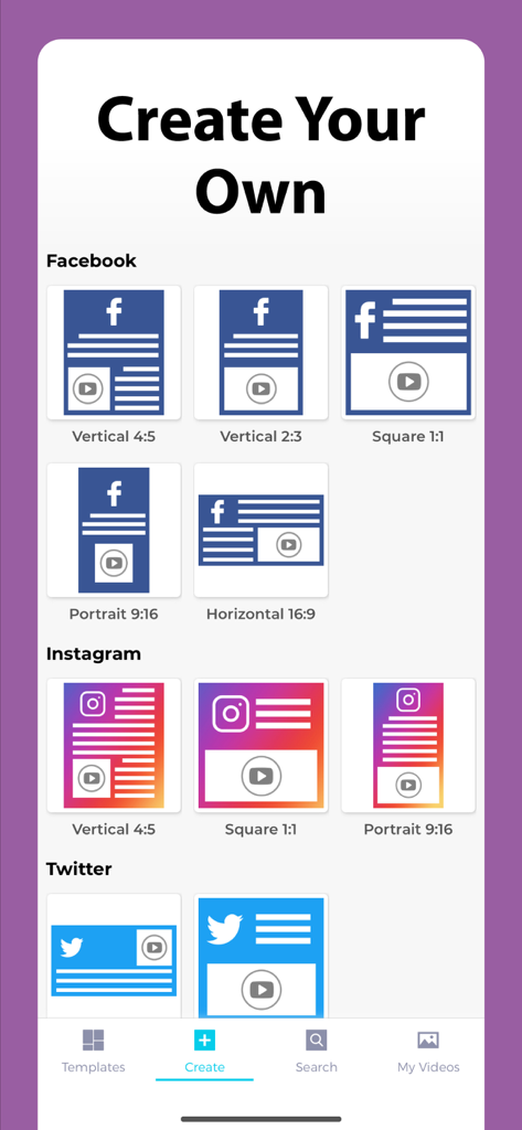 Interface showing video aspect ratio options for Facebook Instagram and Twitter in the Marketing Video Maker app
