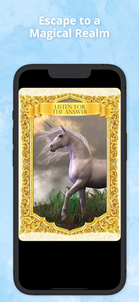 Ask the Unicorns Oracle Cards - A majestic white unicorn oracle card inside a gold frame with the text Listen for the Answer