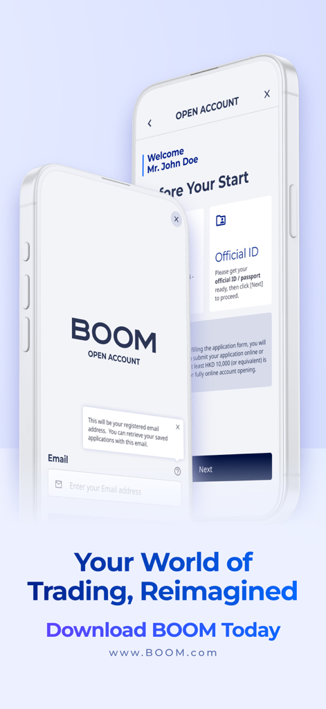 BOOM Mobile Trading - Two mobile phone screens showing the BOOM app digital account opening process and identity verification steps