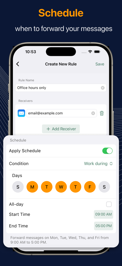 A screenshot showing how to schedule SMS forwarding rules for specific work hours and days