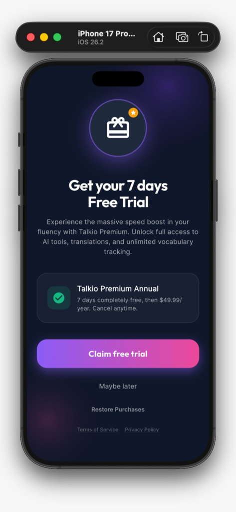 Talkio App - A mobile interface for Talkio App offering a 7 day free trial of the premium annual subscription featuring AI language learning tools
