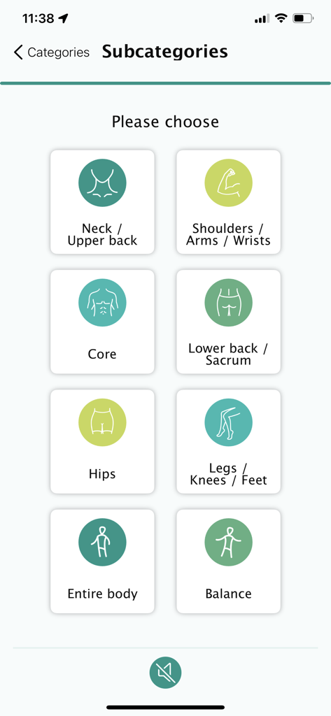 Home yoga practice - 목, 등, 코어, 엉덩이 등 다양한 신체 부위별 요가 하위 카테고리 메뉴를 보여주는 모바일 앱 화면