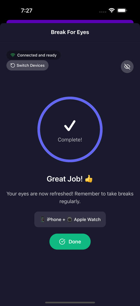 20.20.20: Eye Care & Tracker - Schermata di completamento dell'app per la cura degli occhi che mostra un segno di spunta e un messaggio che conferma il completamento di una pausa in modalità scura