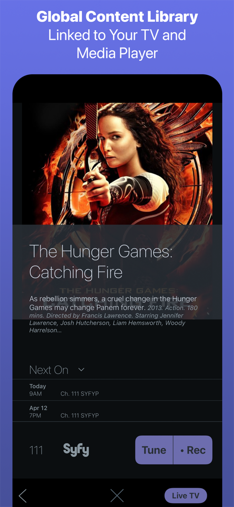Universal Remote Roomie app interface showing a global content library with movie details and a live TV schedule for Syfy channel